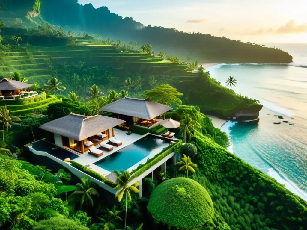 Vista aérea de resort de lujo en Bali, con villas, piscinas infinitas y exuberante vegetación frente al océano Índico