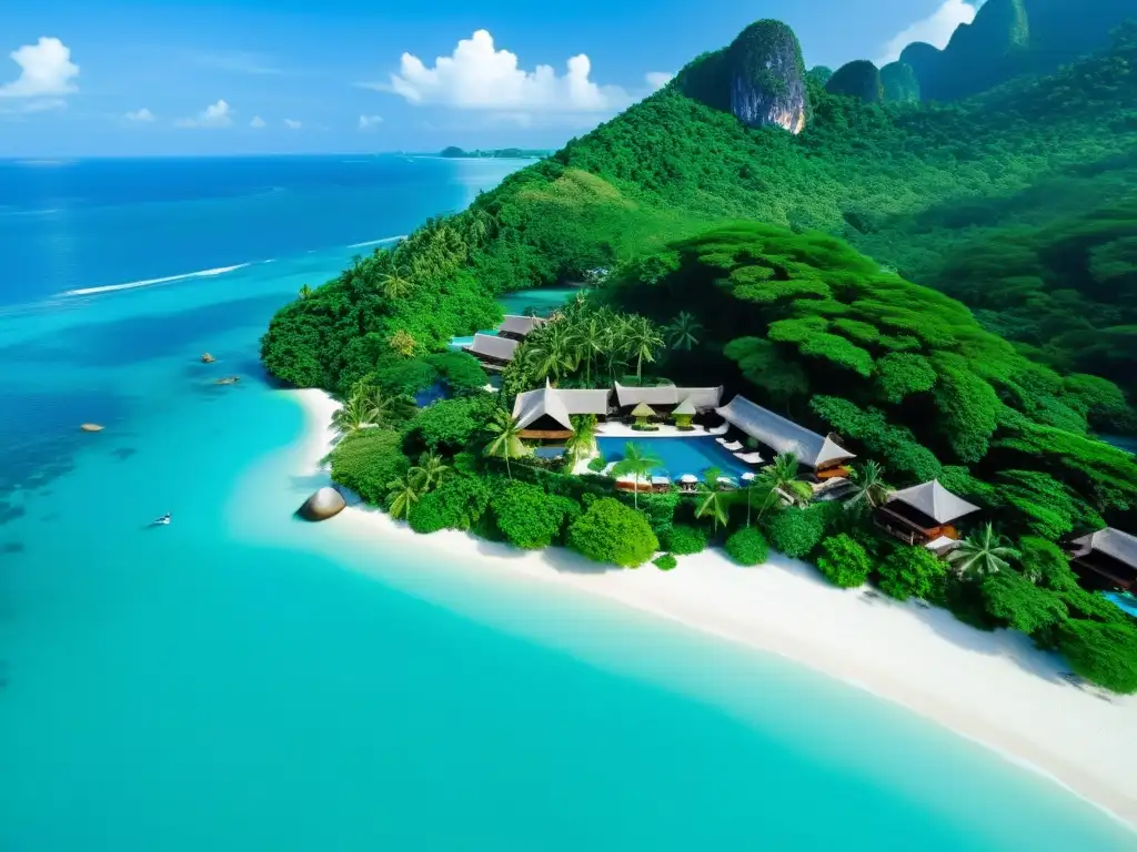 Vista aérea de resort de lujo en Tailandia, con playas de arena blanca y aguas cristalinas rodeadas de exuberante vegetación tropical