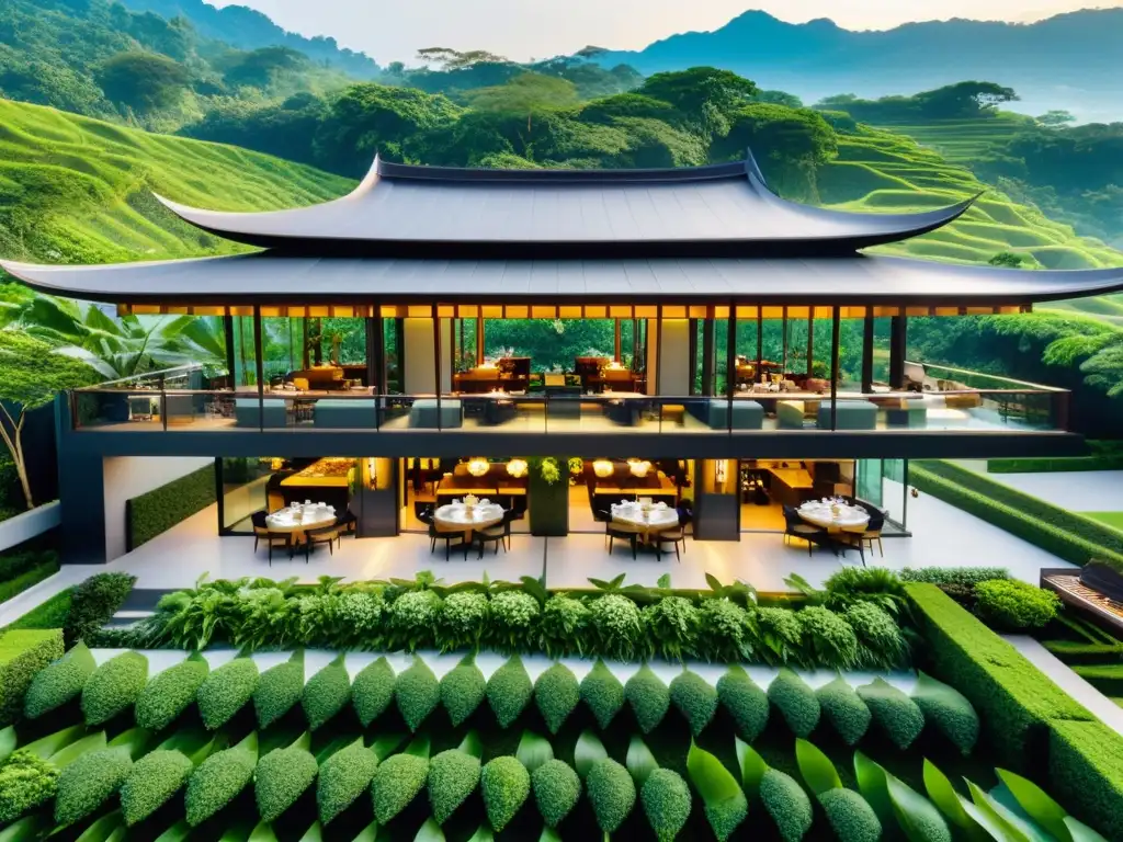 Vista aérea de restaurante de autor en Asia, con diseño elegante y exquisita cocina de autor en Asia