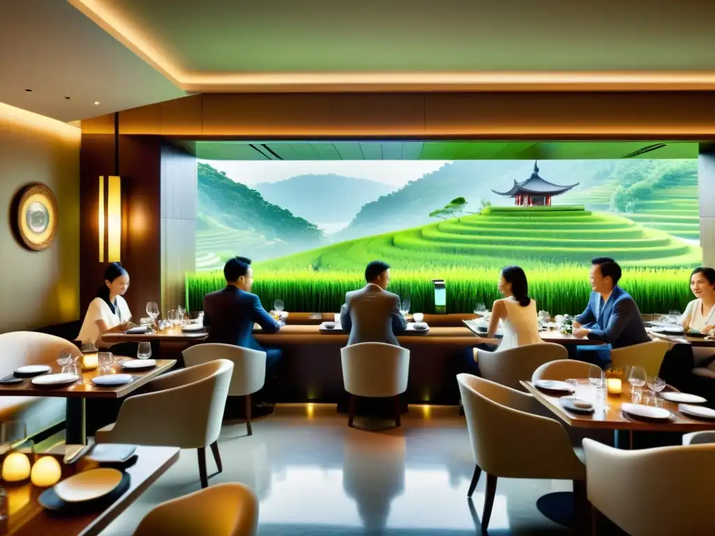 Vista aérea de un restaurante estrella Michelin comprometido con el medio ambiente en Asia, con lujo moderno y sostenibilidad en armonía