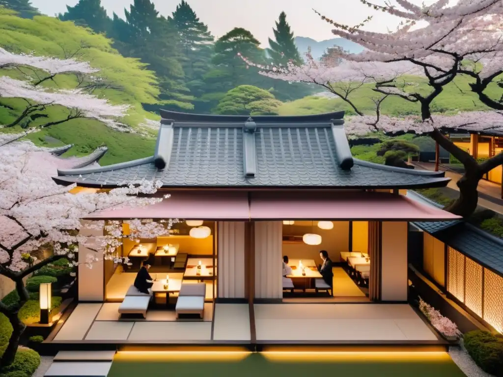 Vista aérea de restaurante japonés entre cerezos en flor, con comensales elegantes en terraza