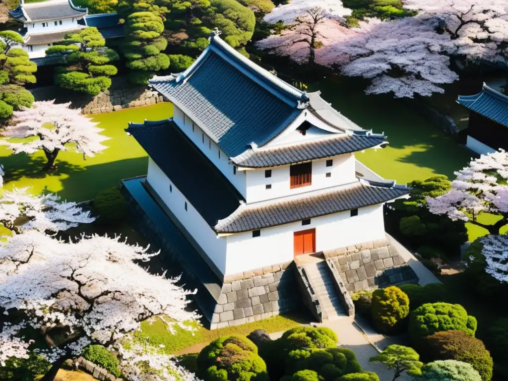 Himeji Castle: Majestuosa fortaleza japonesa entre los cerezos en flor Vista aérea de Himeji Castle rodeado de flores de cerezo en plena floración, mostrando la arquitectura de castillos samurai en Japón