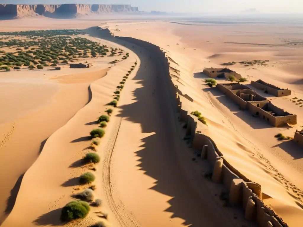 Vista aérea de la Ruta Comercial Incienso Oriente Occidente: ruinas y caravanserais en un paisaje desértico misterioso y evocador