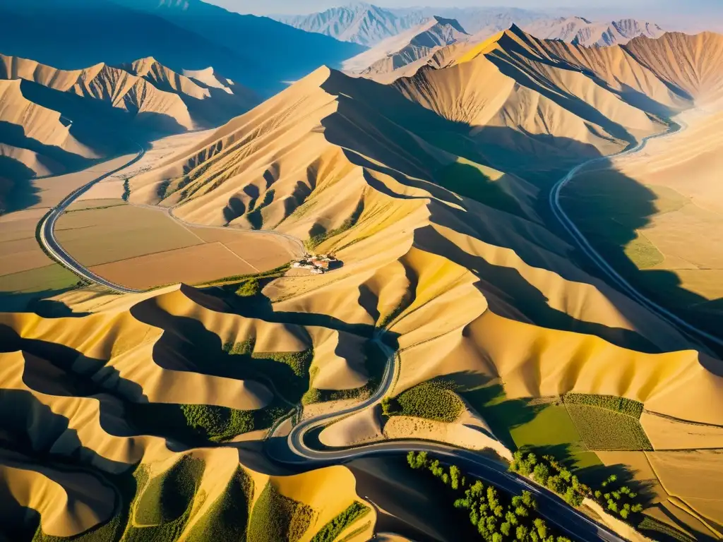 Vista aérea de la Ruta de Marco Polo en Asia Central, con caravanas y vehículos modernos cruzando el paisaje montañoso y árido