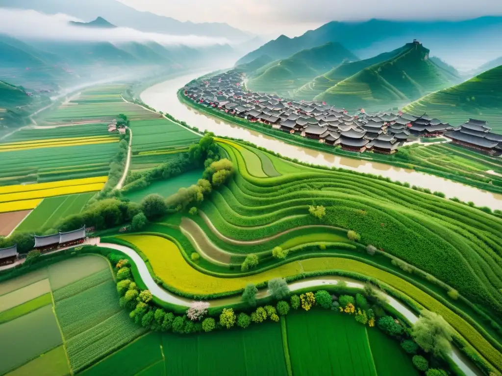 Vista aérea del sereno paisaje del Festival Qingming en China, con ríos, campos verdes y arquitectura tradicional china