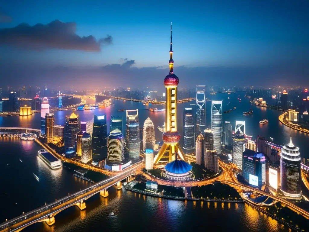 Vista aérea de Shanghai de noche, con sus imponentes rascacielos iluminados y el río Huangpu reflejando las luces de la ciudad