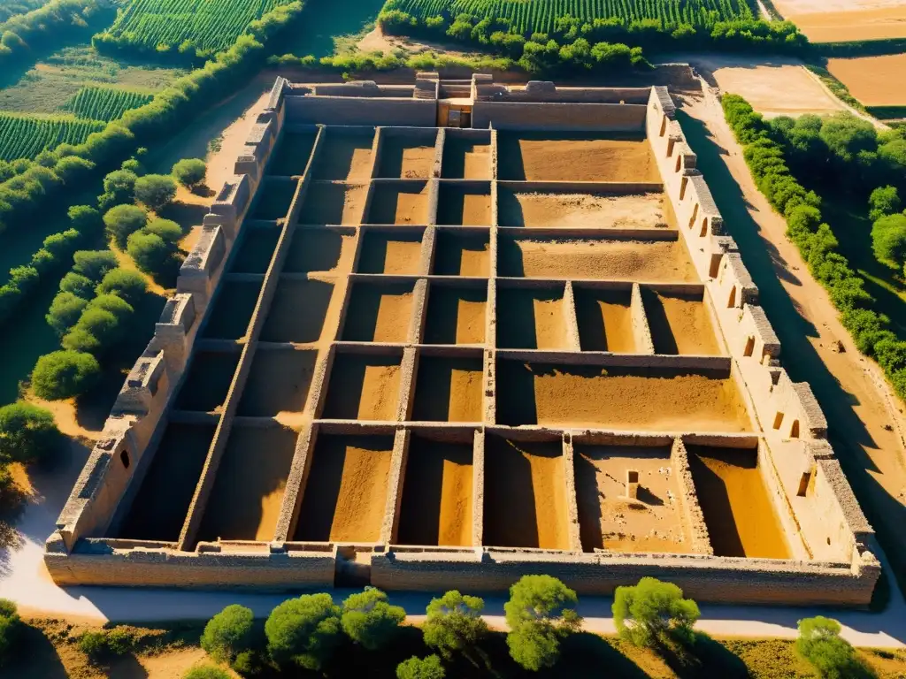 Vista aérea del sitio arqueológico de Erlitou, revelando los cimientos del palacio, fosas rituales y murallas de la primera dinastía Xia