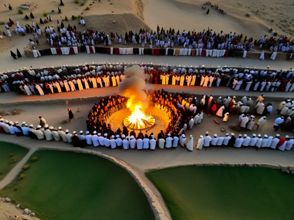 Vista aérea del sitio arqueológico en el Valle del Indo, con interpretaciones rituales funerarios Valle Indo capturando una pira funeraria rodeada de dolientes y figuras religiosas, emanando reverencia y significado espiritual