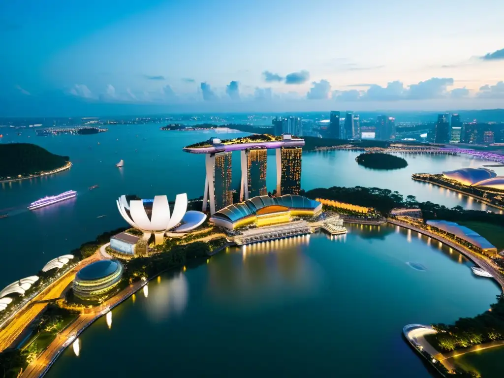 Vista aérea de Singapur al anochecer, con Marina Bay Sands, el Singapore Flyer y los Supertrees