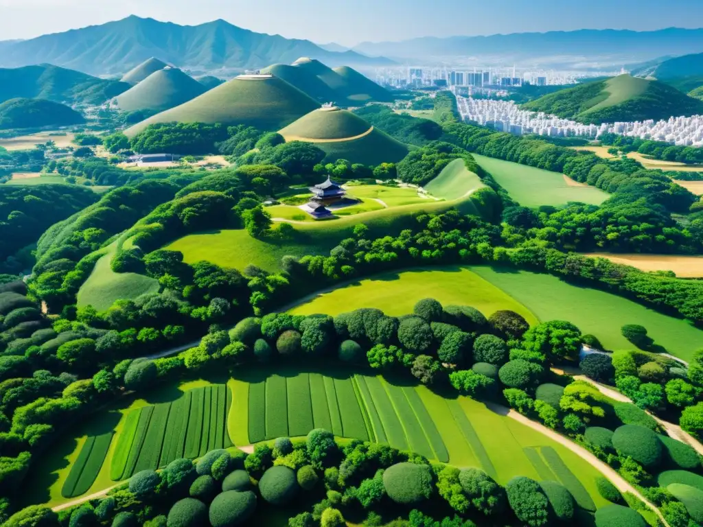 Vista aérea de Gyeongju, Corea del Sur, revelando secretos tumbas coreanas era Tres Reinos entre exuberante vegetación