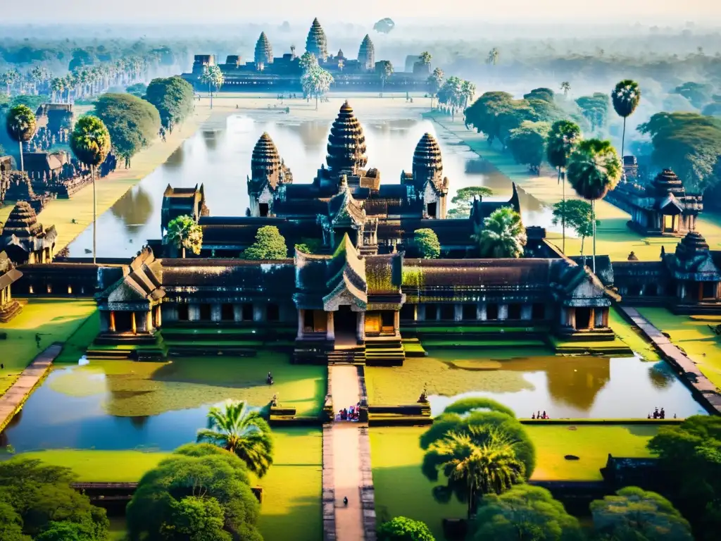 Vista aérea del templo Angkor Wat en la neblina matutina, resaltando el significado de templos elevados en Asia