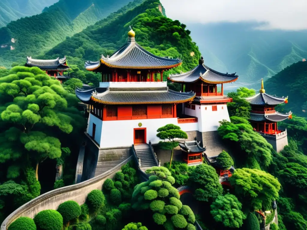 Vista aérea de templo taoísta en las Montañas Wudang, muestra arquitectura china y paisaje exuberante