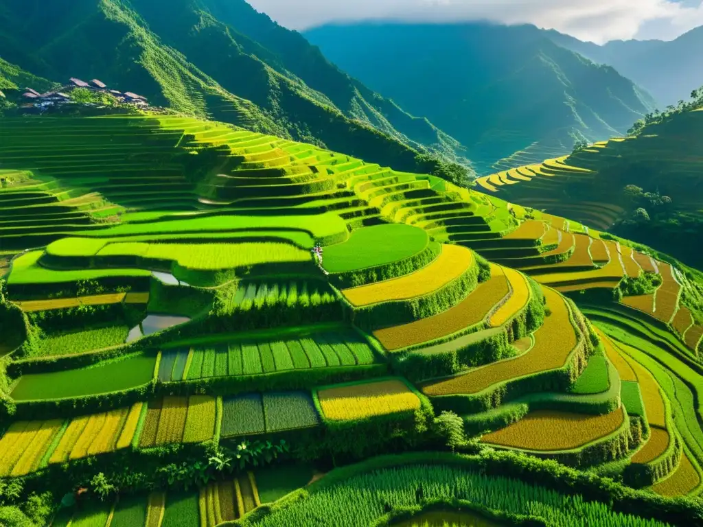 Vista aérea de terrazas de arroz en montañas verdes, donde agricultores en ropa tradicional cuidan los cultivos