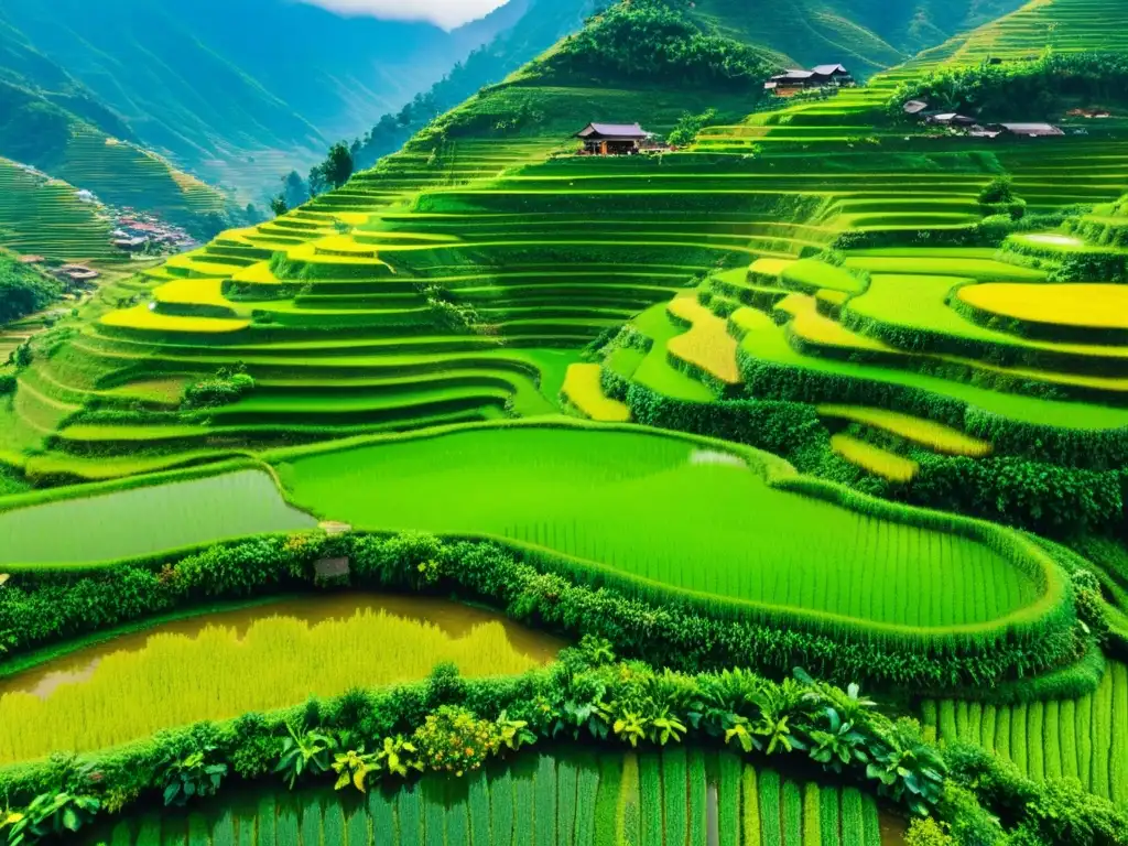 Vista aérea de las terrazas de arroz de Sapa, Vietnam, con mujeres Hmong trabajando en los campos