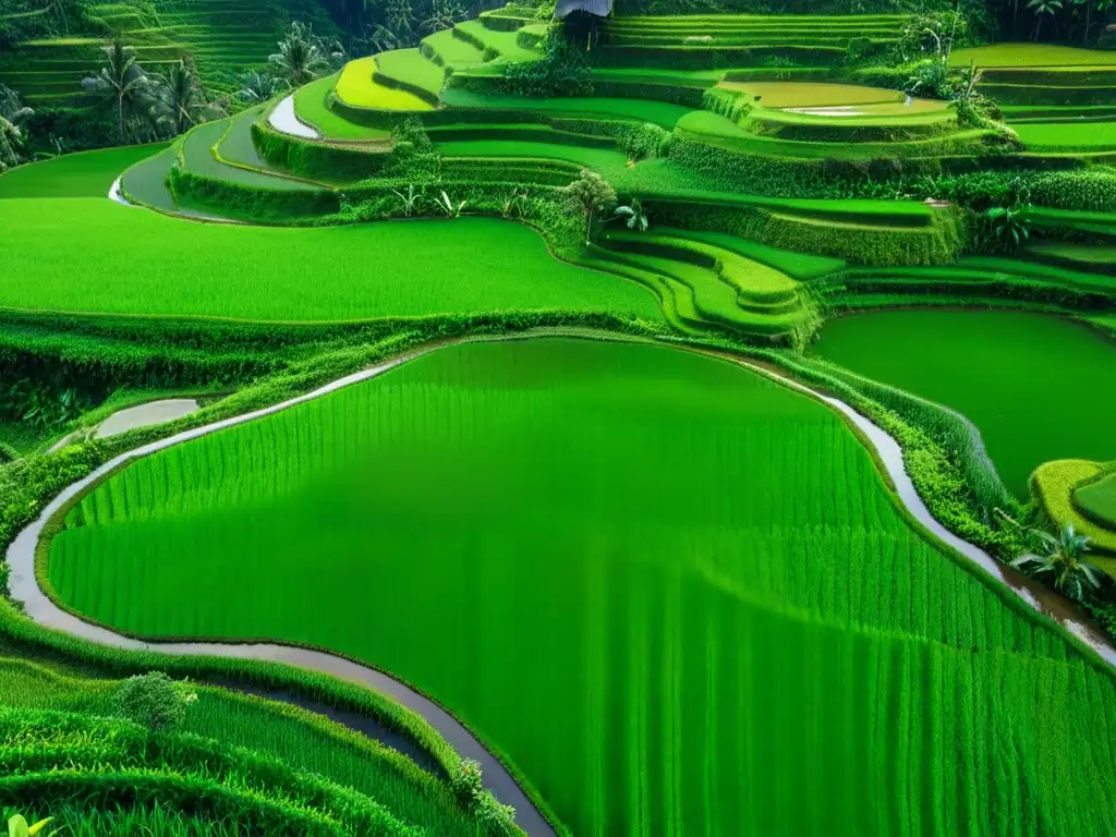 Vista aérea de terrazas de arroz en Bali, Indonesia, mostrando la comunicación simbiótica en agricultura asiática entre humanos, plantas y la tierra