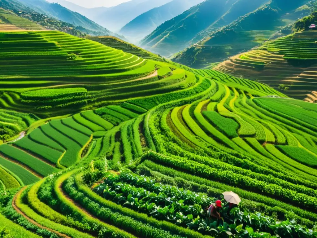 Vista aérea de terrazas agrícolas verdes con técnicas ancestrales adaptación cambio climático