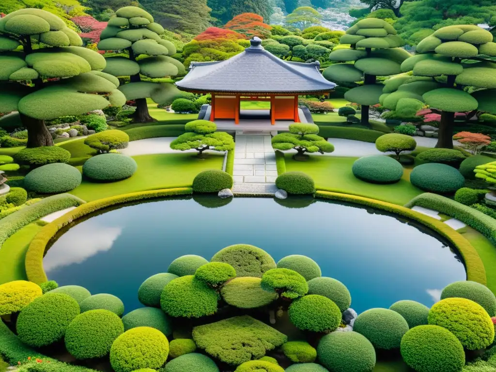 Vista aérea de un jardín japonés tradicional con simetría en arquitectura asiática, rodeado de naturaleza exuberante y montañas majestuosas