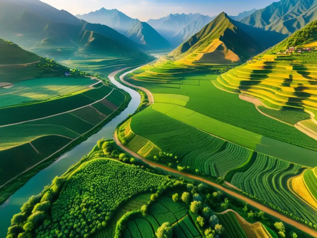 Vista aérea del Triángulo Dorado: campos de opio y marihuana entre montañas y ríos, reflejando la historia y cultura de la Yakuza