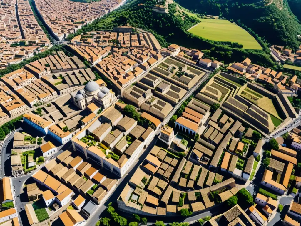 Vista aérea de la planificación urbana en Valle del Indo, mostrando la fusión de arquitectura antigua y moderna en cálida luz natural