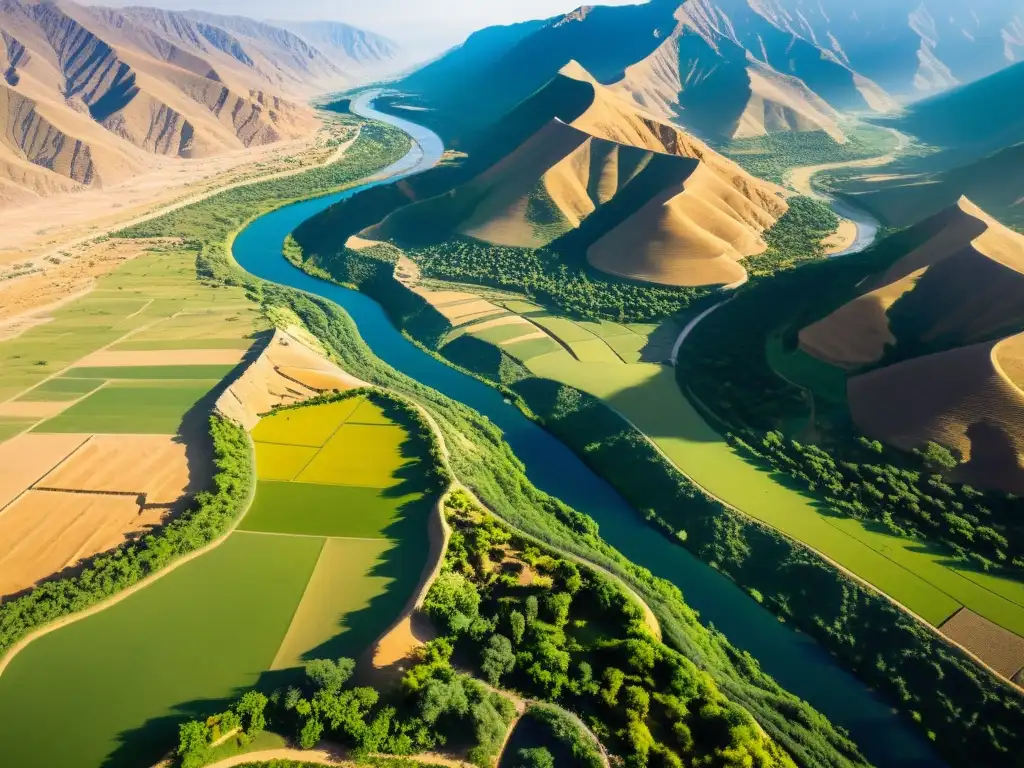 Vista aérea del Valle del Indo, con exuberante paisaje, río serpenteante y ruinas antiguas
