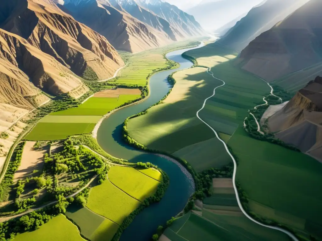 Vista aérea del Valle del río Indo, con el río serpenteante, campos verdes y terreno montañoso