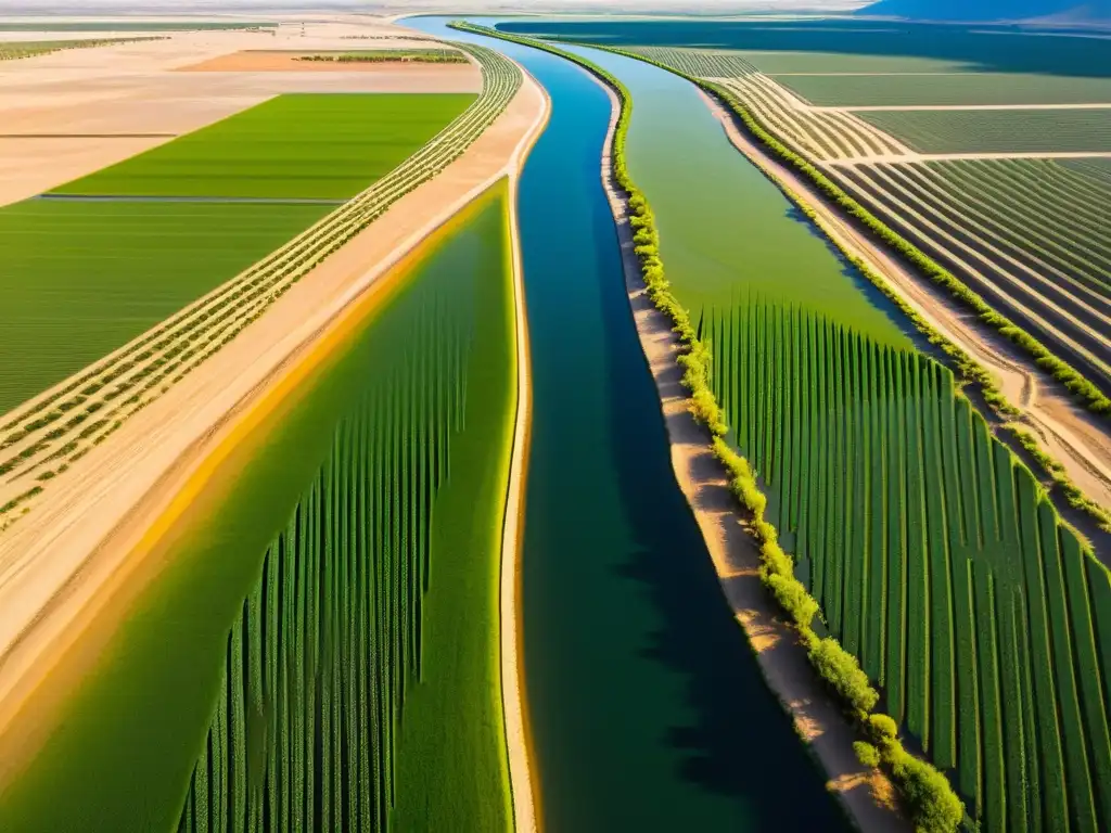 Vista aérea del Valle del Indo, con sistema de gestión del agua que contrasta el paisaje desértico con campos verdes exuberantes