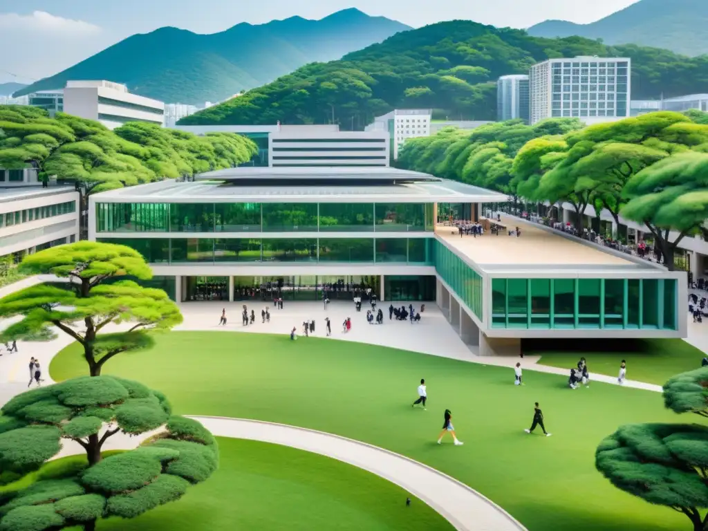 Vista aérea de vibrante campus universitario en Corea del Sur con estudiantes entre edificios modernos y exuberante vegetación