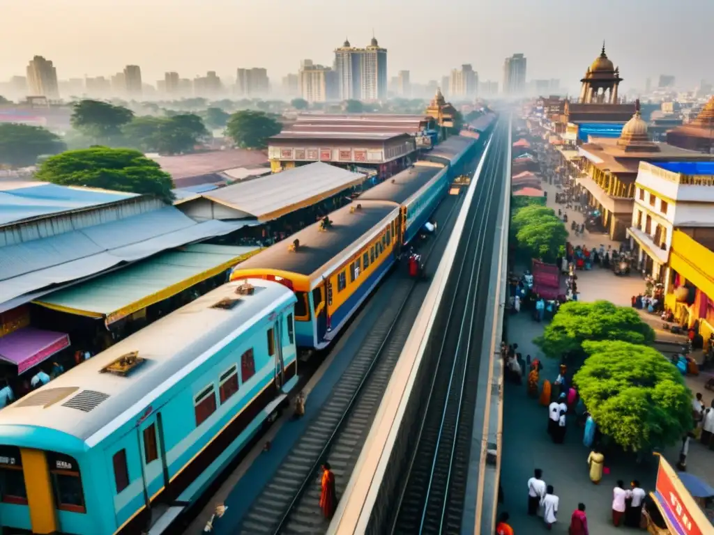Vibrante mezcla urbana en India: tradición y modernidad Vista aérea de una vibrante ciudad india, con arquitectura tradicional y rascacielos modernos