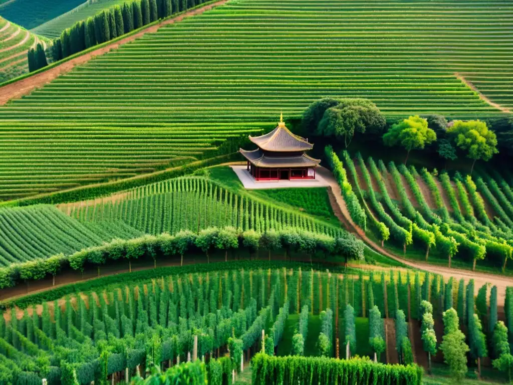 Vista aérea de viñedos de lujo en Asia, con filas de uvas y una pagoda china entre el paisaje verde y marrón