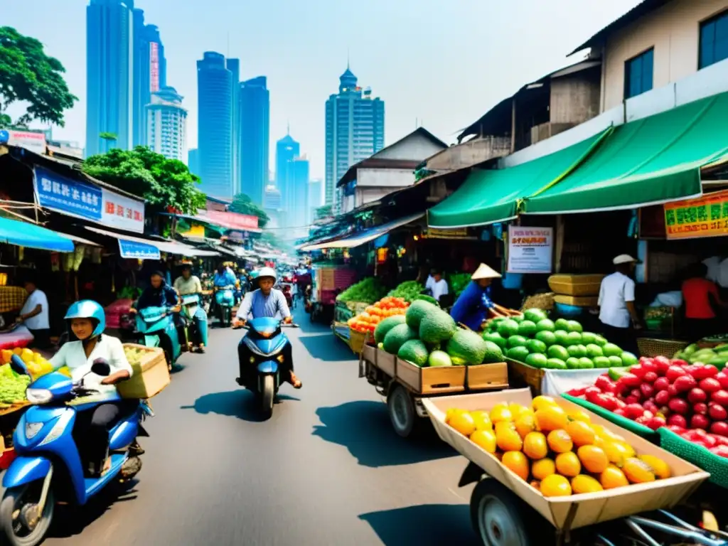 Vista animada de la bulliciosa ciudad del Sudeste Asiático, capitalizando economías emergentes