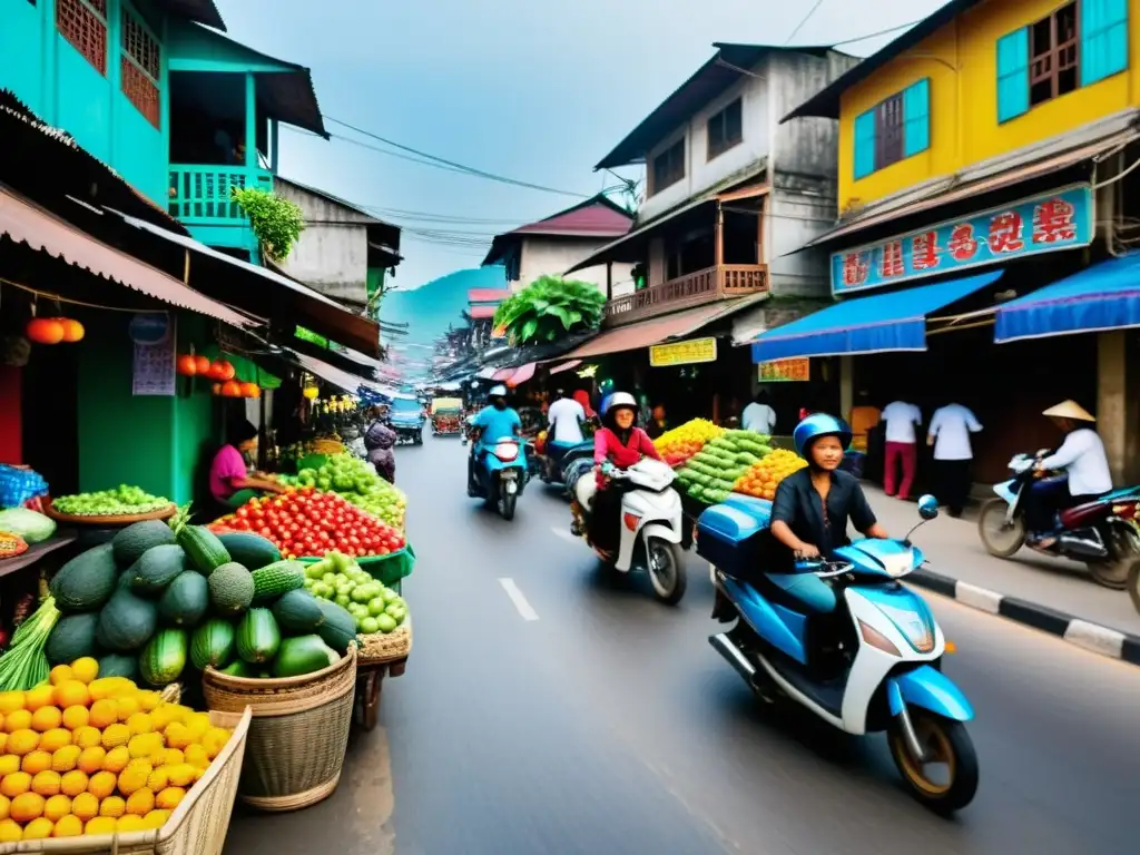 Vista animada de una calle en Asia, con vendedores y frutas coloridas