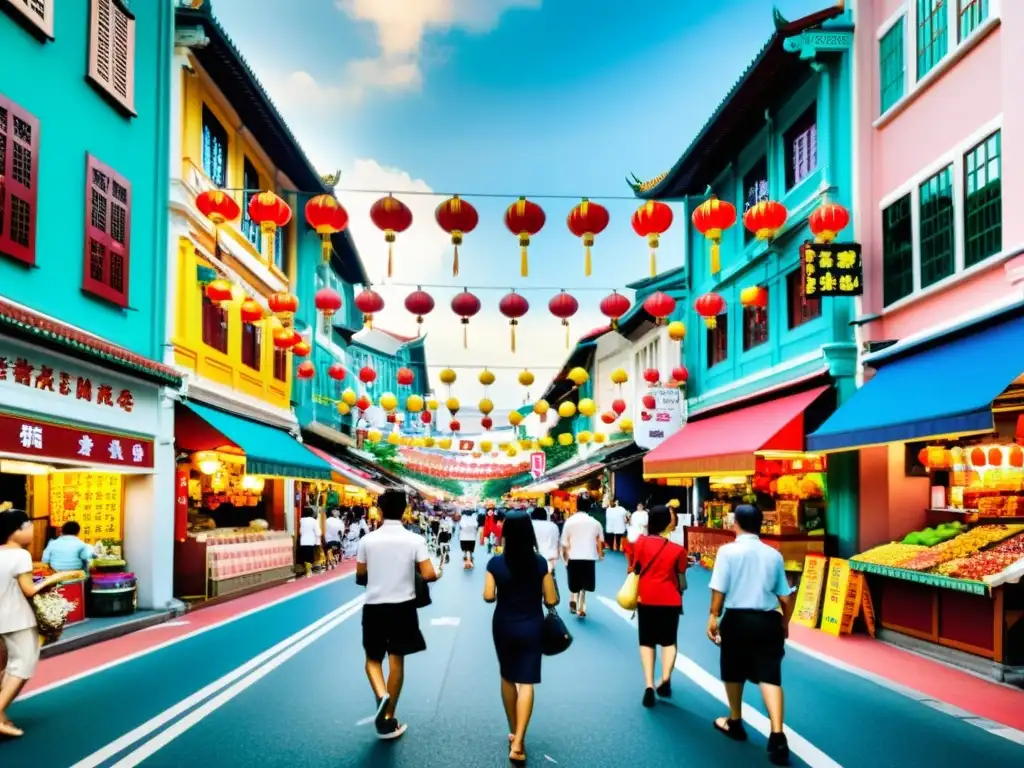 Vista animada de Chinatown, Singapur, con tiendas tradicionales y señales en chino