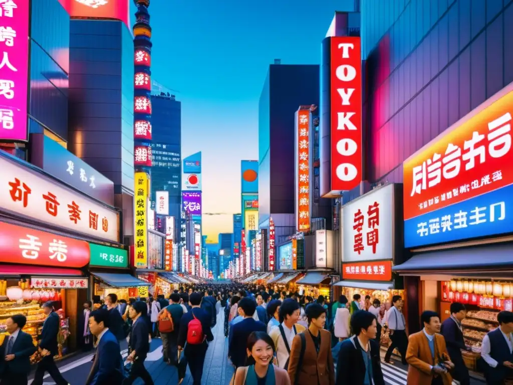 'Vista animada de Tokio, Japón, con neones, rascacielos, y gente, reflejando la energía y fusión cultural