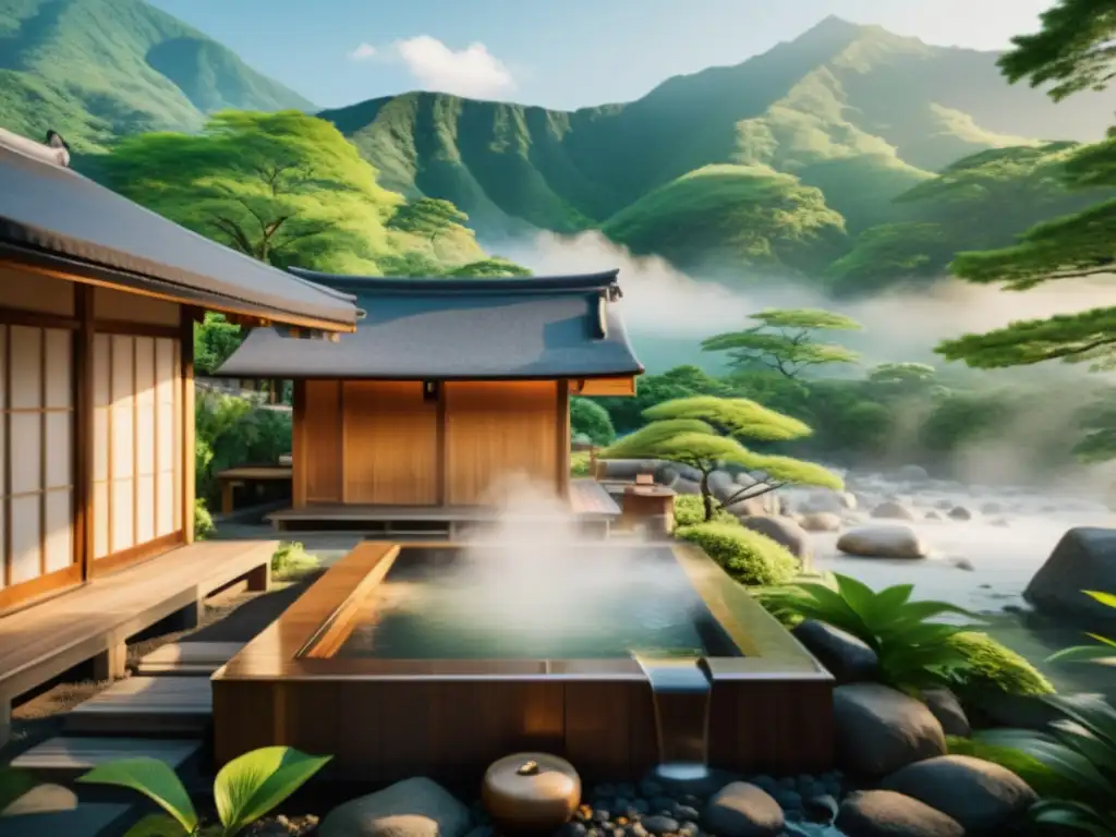 Vista de un apacible onsen japonés con baños de madera entre exuberante vegetación, aguas termales humeantes y paisaje montañoso sereno al fondo