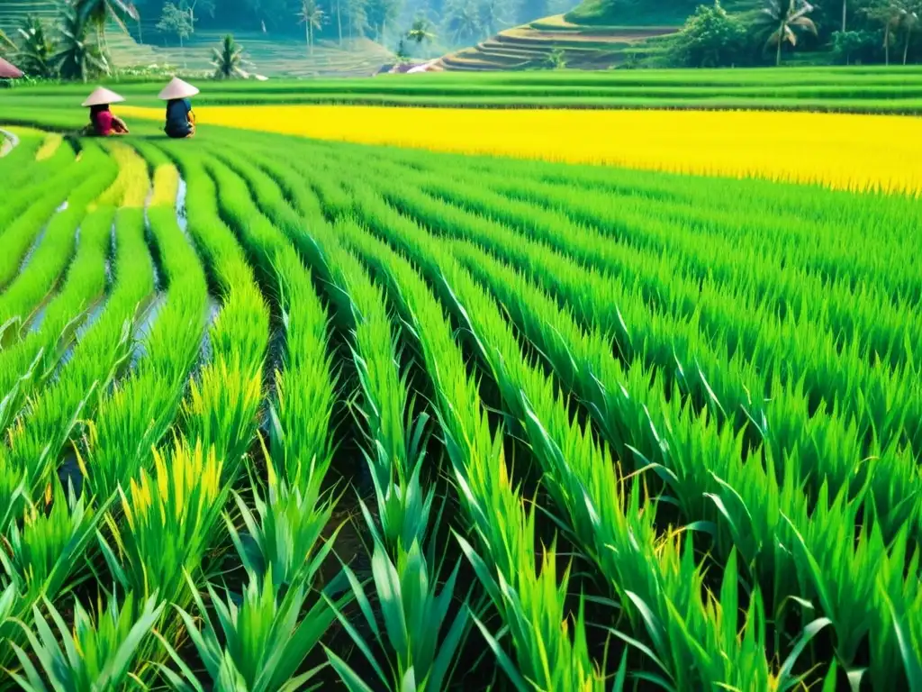 Vista de arrozal exuberante en Asia rural, con agricultores trabajando en el campo