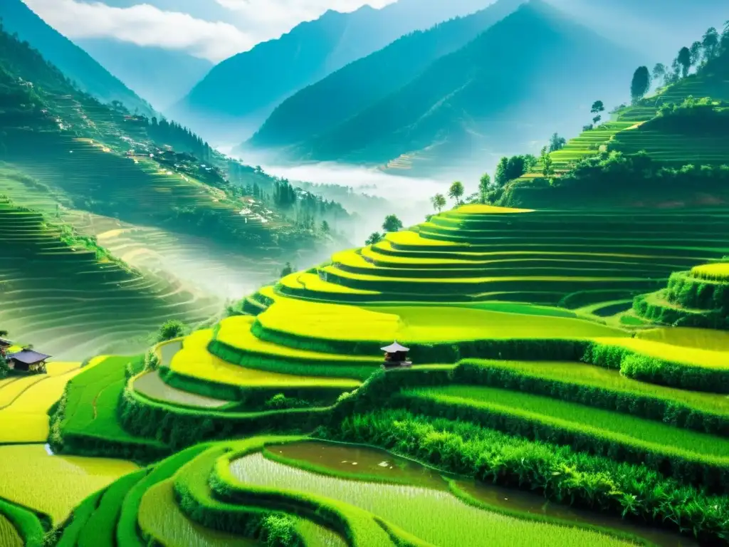 Vista de arrozales en terrazas en Yunnan, China, con agricultores trabajando