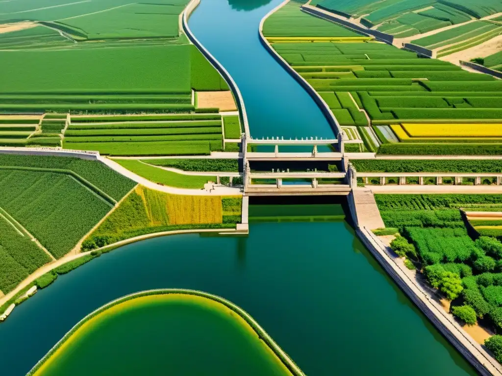 Vista asombrosa del Canal Imperial Antigua China: ingeniería milenaria en red de agua, reflejos del paisaje en la luz solar