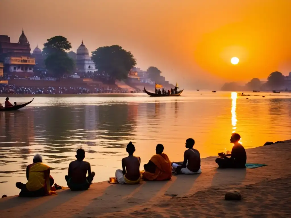 Vista del atardecer en el río Ganges, Varanasi, India, reflejando la perspectiva filosófica hinduismo no dualidad