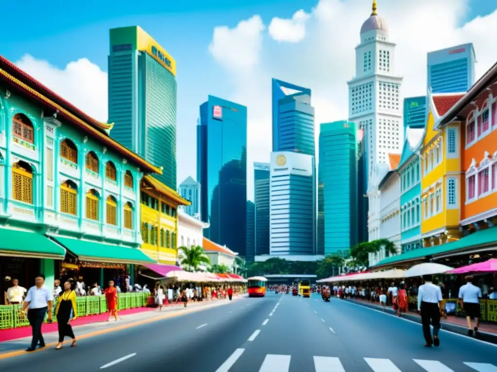 Vista de la bulliciosa calle de Singapur, con casas tradicionales Peranakan y modernos rascacielos