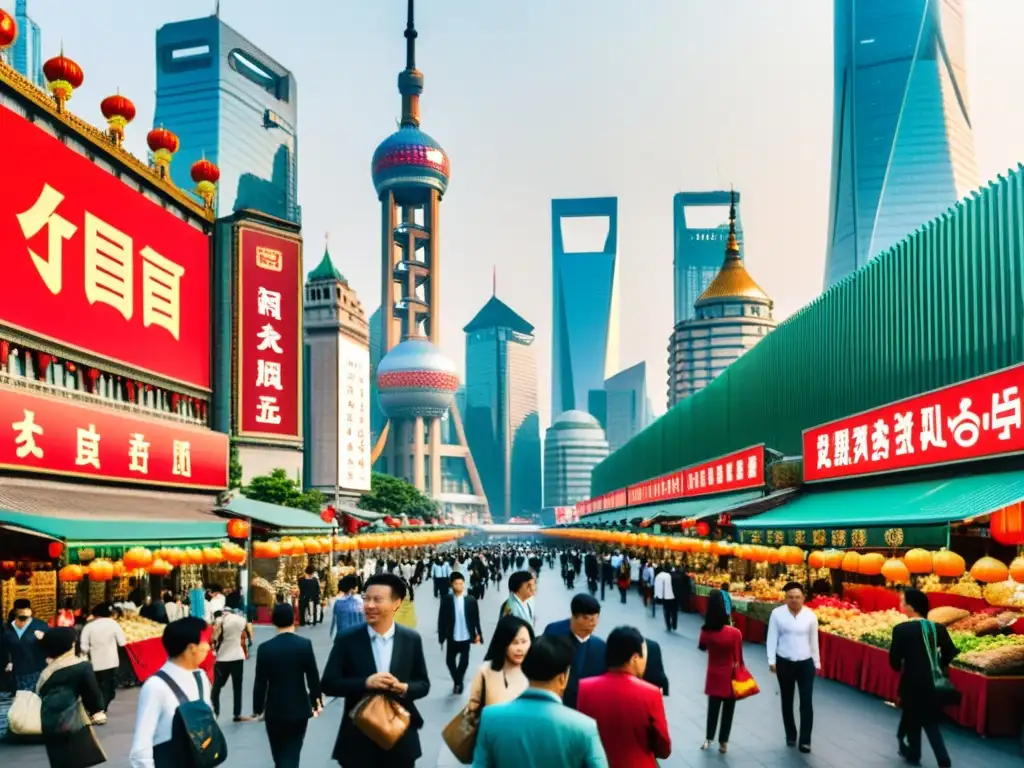 Vista de una bulliciosa calle en Shanghai, China, con rascacielos futuristas y mercados tradicionales