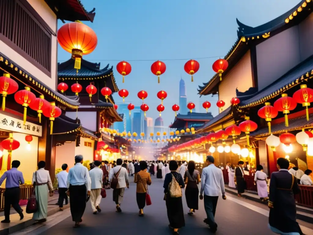 Vista de una bulliciosa calle de la ciudad en Asia, donde se mezclan rascacielos modernos y templos tradicionales