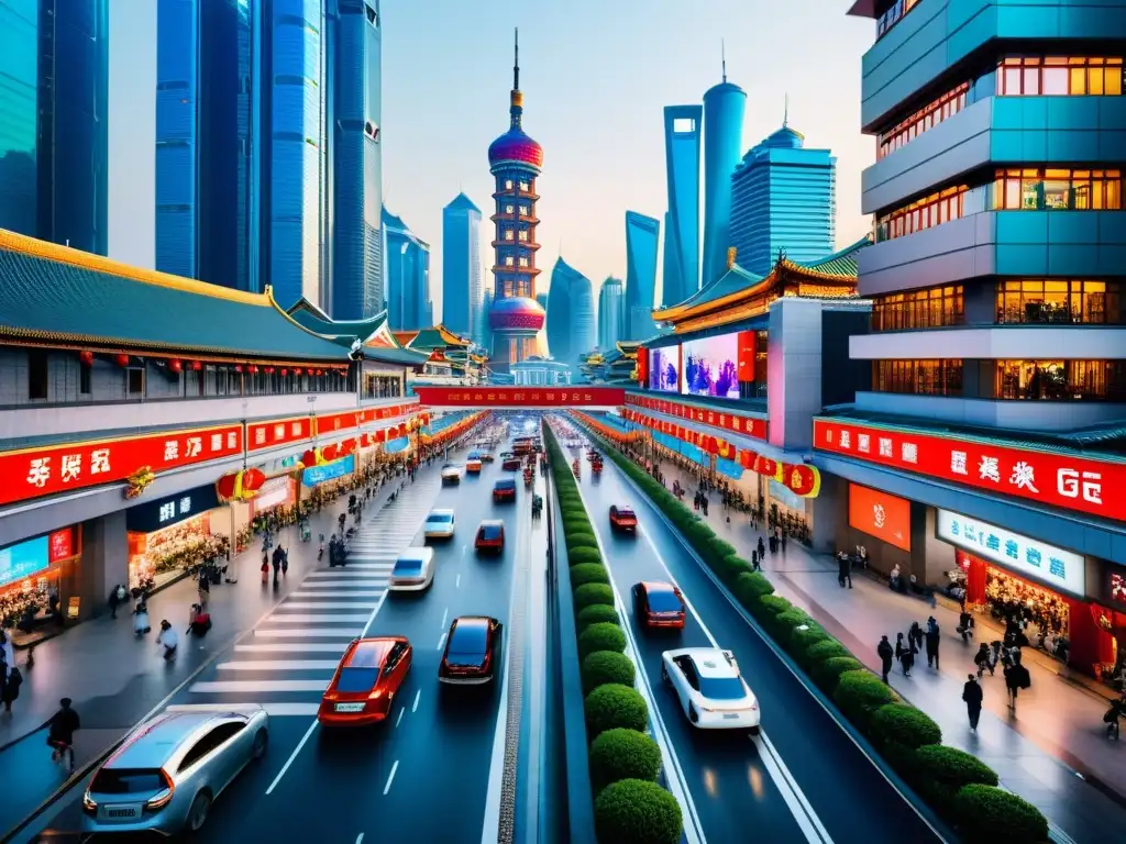 Vista de una bulliciosa calle en una ciudad china, con la integración futurista del 5G en el paisaje urbano y la sociedad china