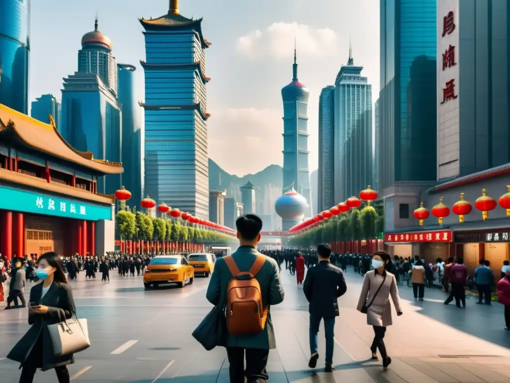 Vista de una bulliciosa calle en una ciudad china, con rascacielos futuristas y cámaras de vigilancia AI