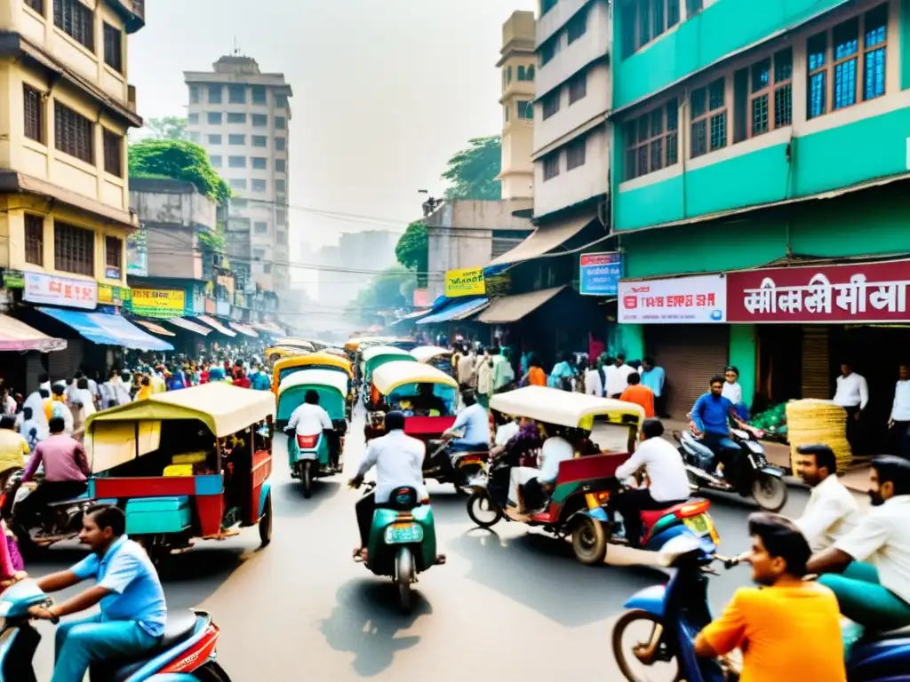 Vista bulliciosa de una calle en Mumbai, India, con colores vibrantes, puestos de mercado animados y personas de todas las edades y orígenes