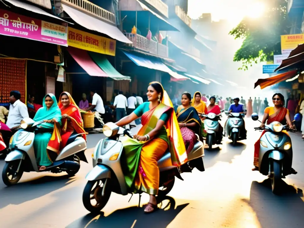 Vista de una bulliciosa calle en Mumbai, India, con saris coloridos y moda tradicional en puestos de mercado