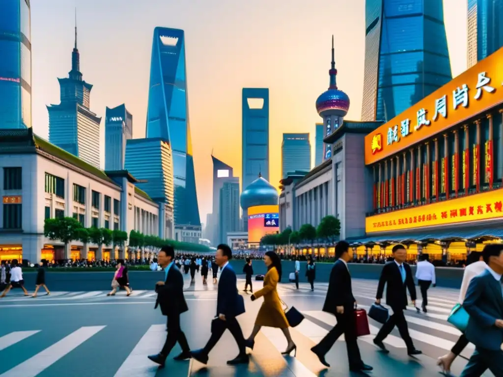 Atardecer dorado en el distrito financiero de Shanghai Vista de la bulliciosa calle en el distrito financiero de Shanghai al atardecer, reflejando la vitalidad económica y la cultura