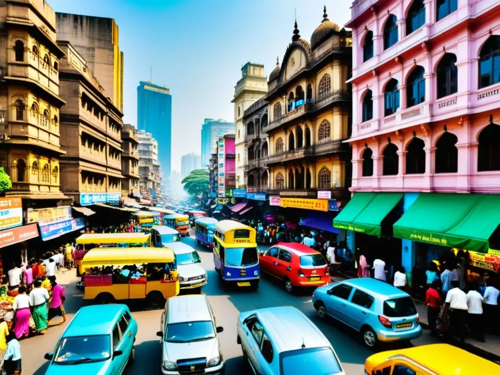 Vista bulliciosa de una calle en Mumbai, India, fusionando lo tradicional con lo moderno