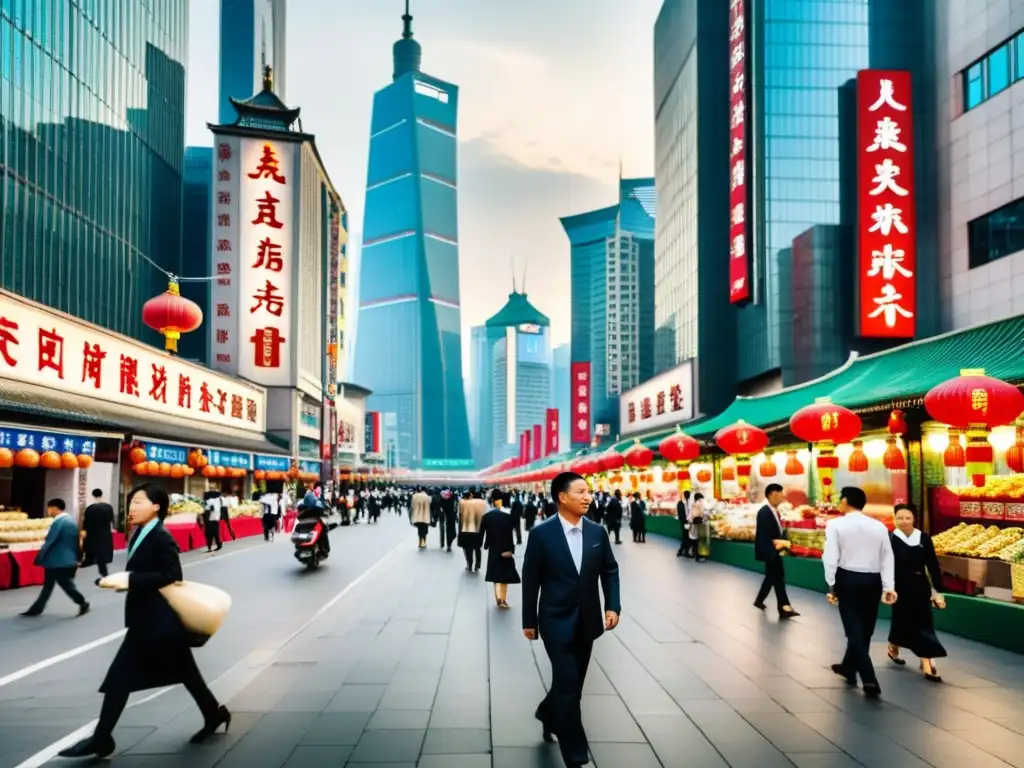 Vista de la bulliciosa calle de negocios en China, con rascacielos y arquitectura tradicional