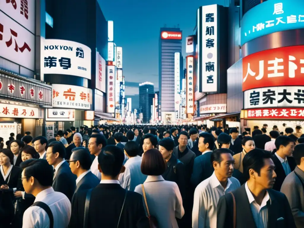 Vista de la bulliciosa calle de Tokio, con personas, letreros de neón y una mezcla de arquitectura tradicional y rascacielos modernos