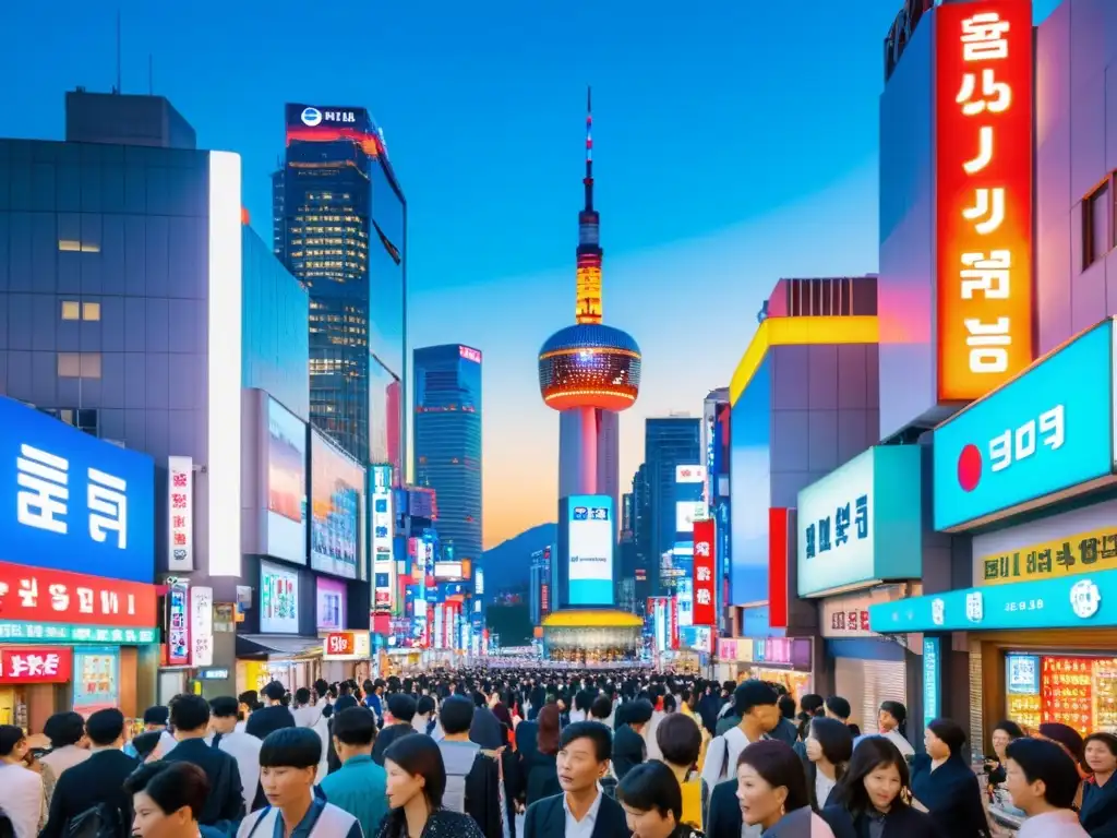 Vista bulliciosa de una calle en Seúl, Corea del Sur, con neones y gente usando smartphones